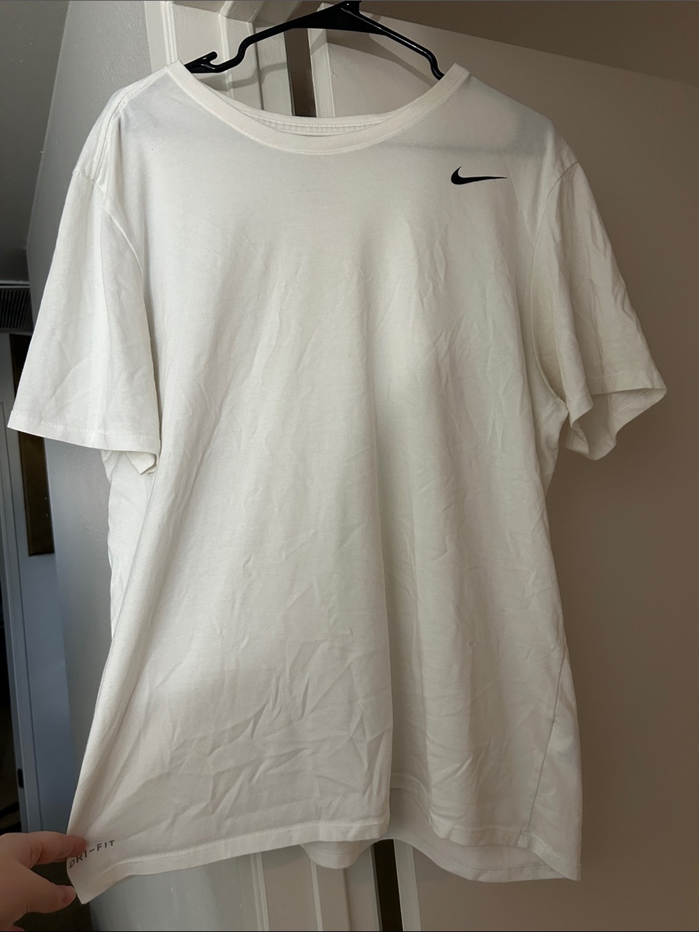 Nike White Short Sleeve Dri-FIT Tee with Black Swoosh